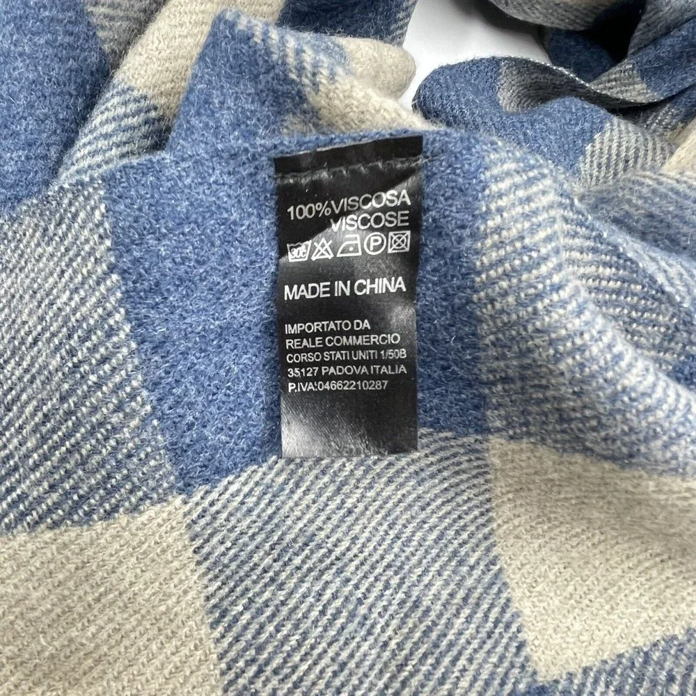 Unisex Fringe Scarf Blue Beige Viscose Plaid Long Rectangular 82 X 24.5 Inches